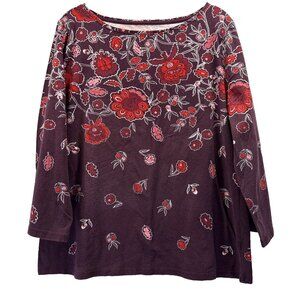Talbots Plum Floral Scoop Neck Top with Red and Pink Blooms